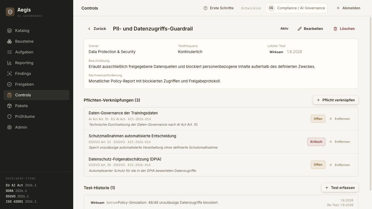 Aegis Control-Katalog mit aktiven Guardrails, regulatorischen Pflicht-Mappings und Wirksamkeitsnachweisen.