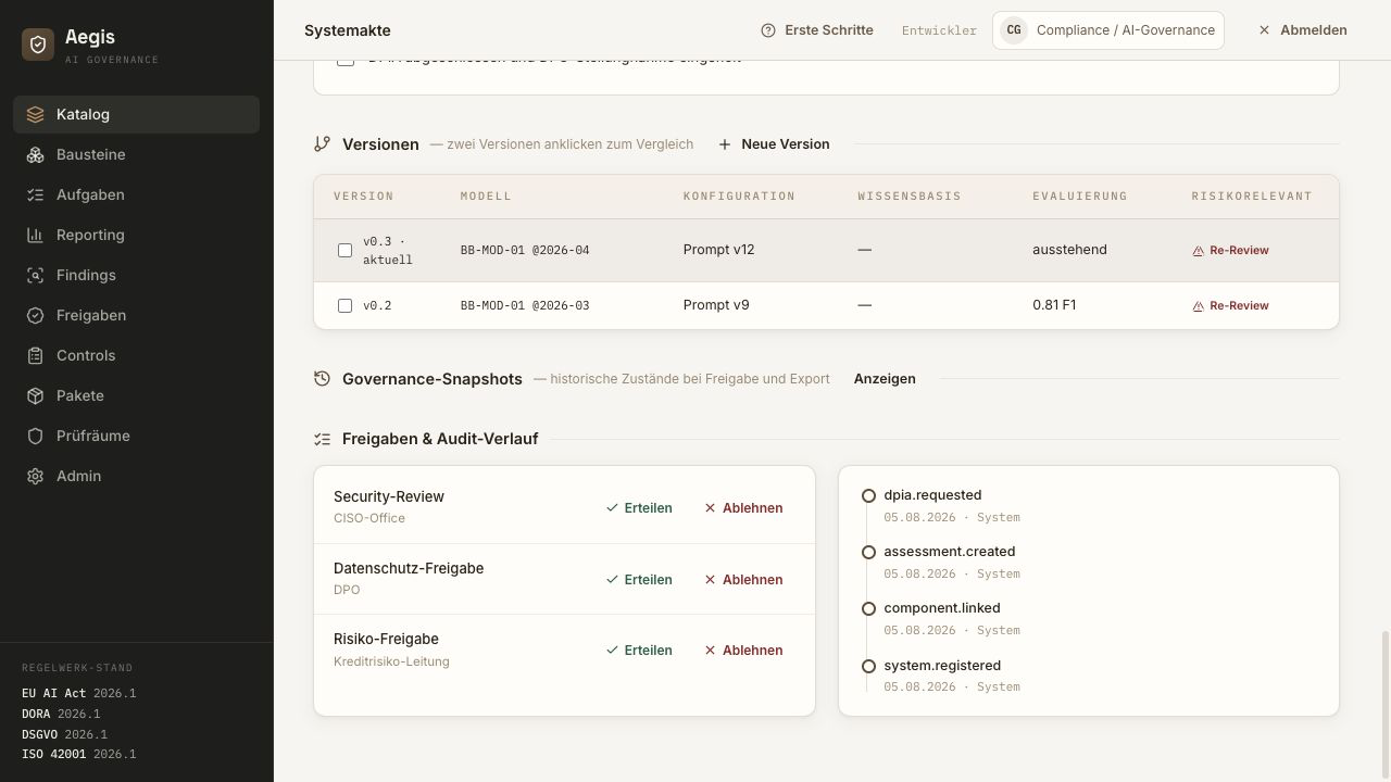 Aegis Audit-Trail mit gefilterter Ereignistabelle und Status-Badges